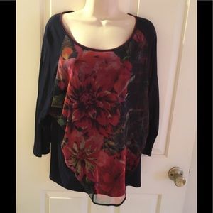 🔥Edista 🌹Roses Knit & Mesh Top Shirt *Made in USA* 🇺🇸 Large L Navy Blue